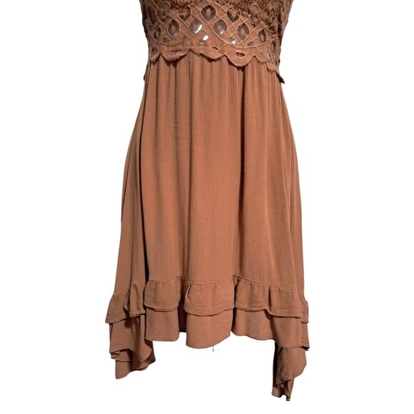 Y2K Justify L Rust Brown Leaf Lace Fairycore Boho Ruffle Mini Sundress Back - Picture 5 of 11